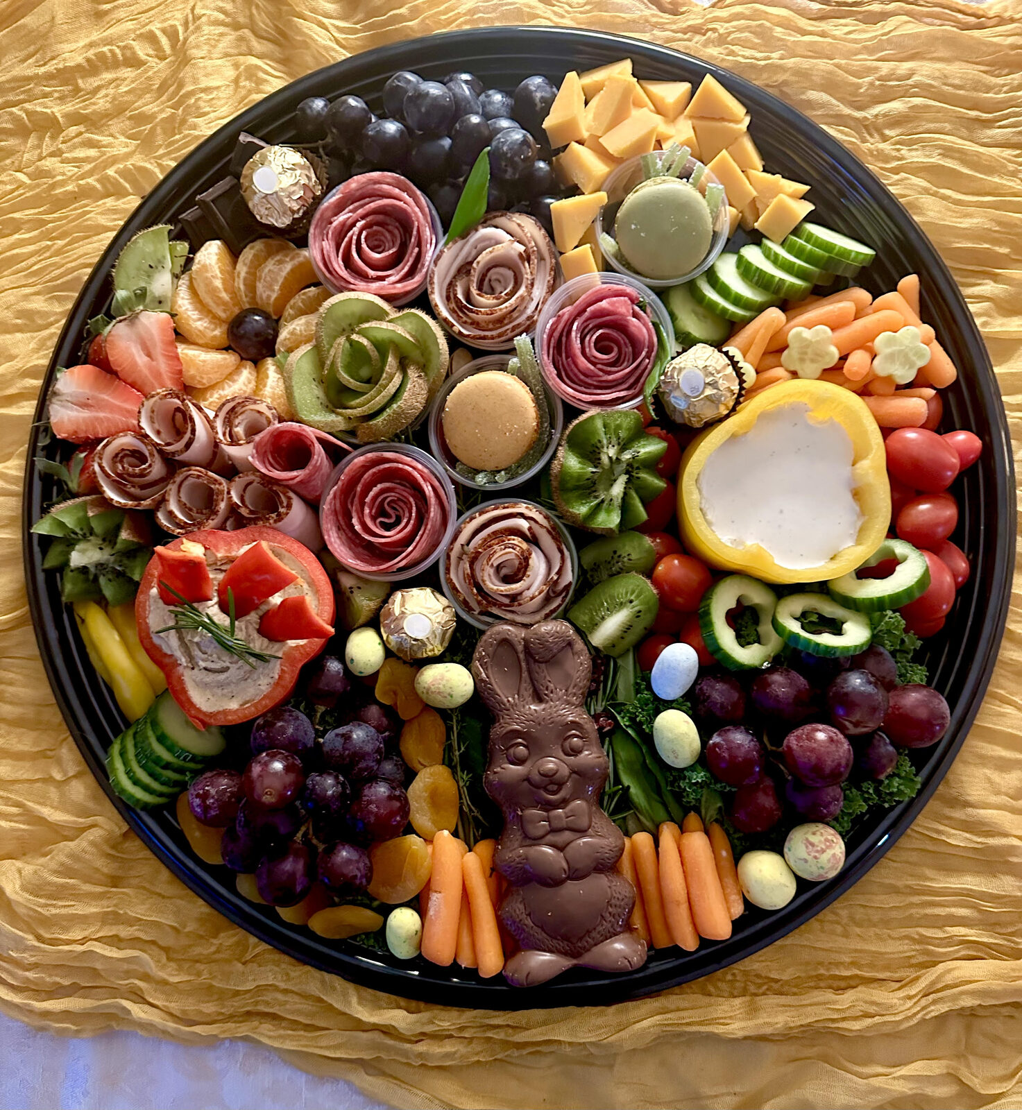 Spring platter with salami roses and seasonal treats